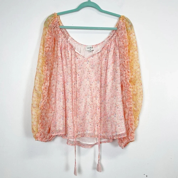 Aura Shirt Womens Size Medium Yellow Orange Floral Blouse Ruffle Sheer Sleeves - Picture 1 of 8